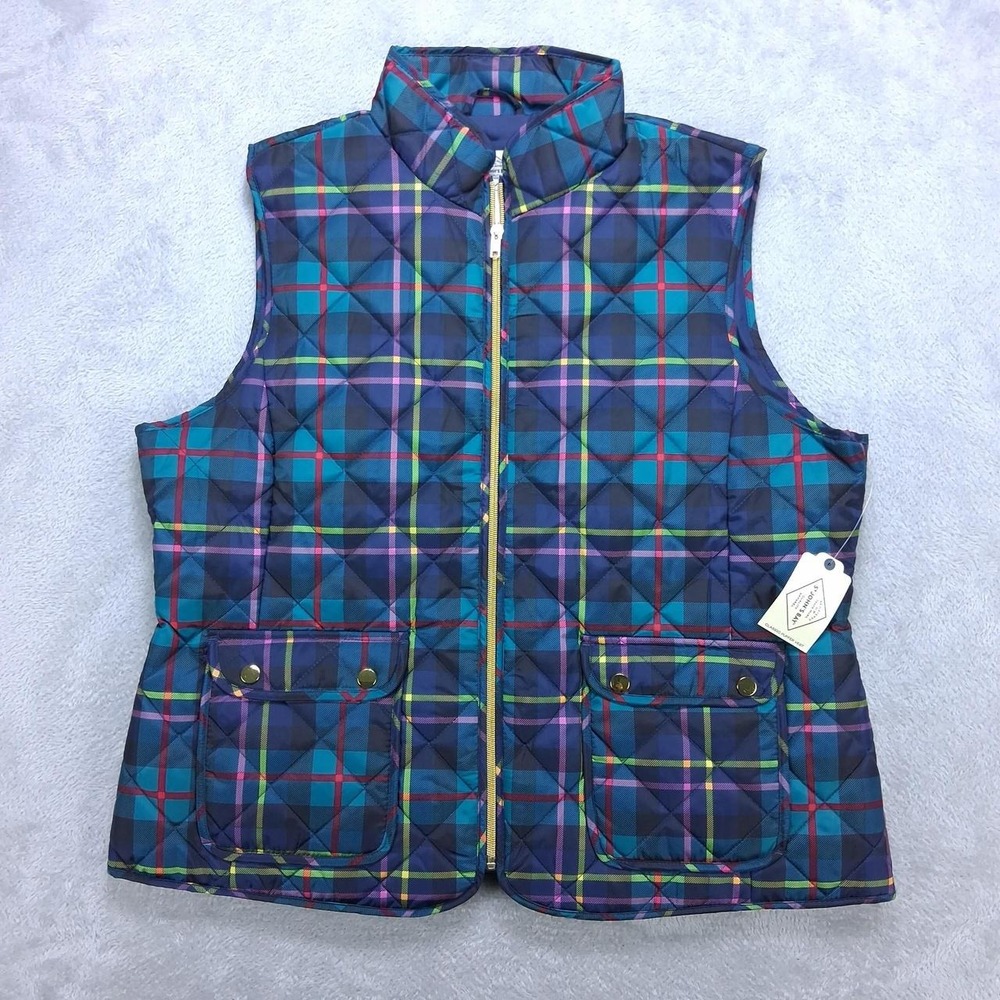 St Johns Bay Womens Plaid Quilted Puffer Vest XL Navy Tartan Multicolor New